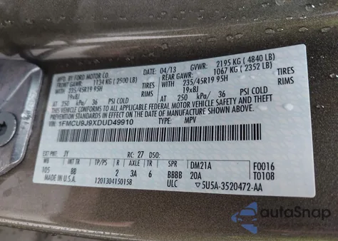 2013 Ford Escape Titanium from USA, damaged, VIN 1FMCU9J9XDUD49910